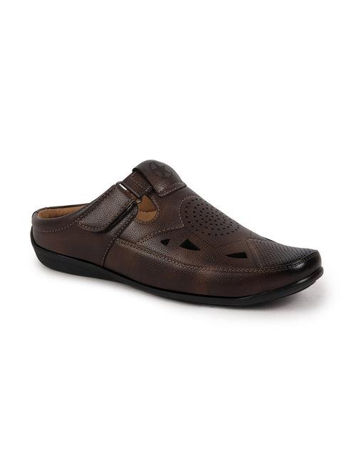 Men Brown Back Open Perforated Breathable Formal Sandal|Adujstable Strap Stitched Slip On Sandal