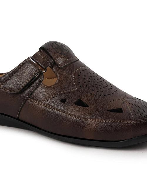 Men Brown Back Open Perforated Breathable Formal Sandal|Adujstable Strap Stitched Slip On Sandal
