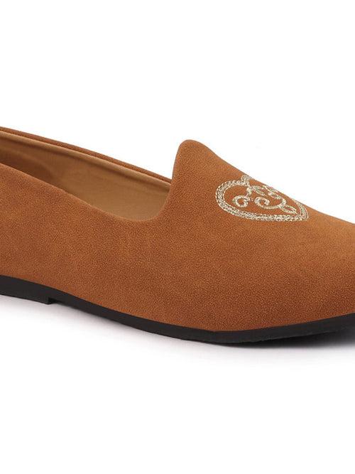 Men Tan Traditional Ethnic Embroidered Design Velvet Slip On Juttis & Mojaris For Party|Wedding|Festival