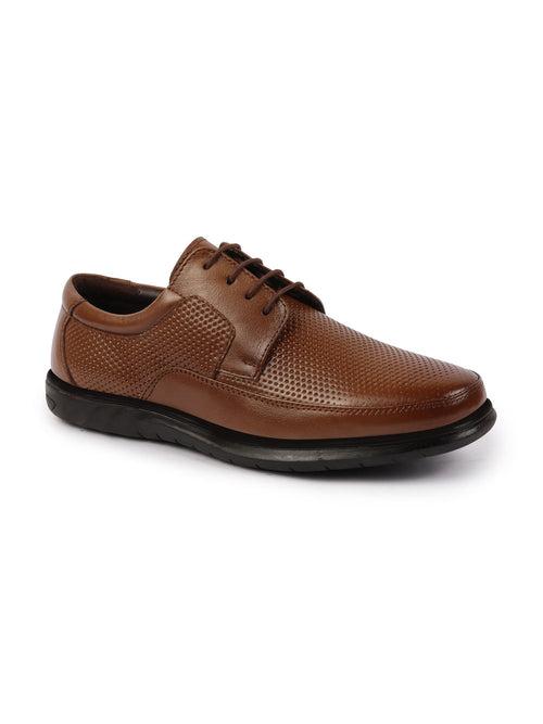 Men Tan Genuine Leather Textured Formal Lace Up Flat Heel Shoes For Office|Work|Broad Feet Formal Shoes