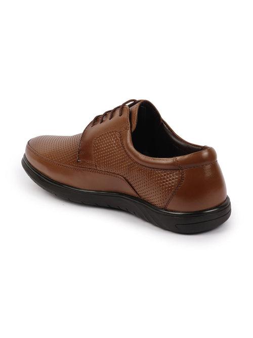 Men Tan Genuine Leather Textured Formal Lace Up Flat Heel Shoes For Office|Work|Broad Feet Formal Shoes