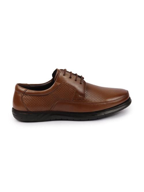 Men Tan Genuine Leather Textured Formal Lace Up Flat Heel Shoes For Office|Work|Broad Feet Formal Shoes