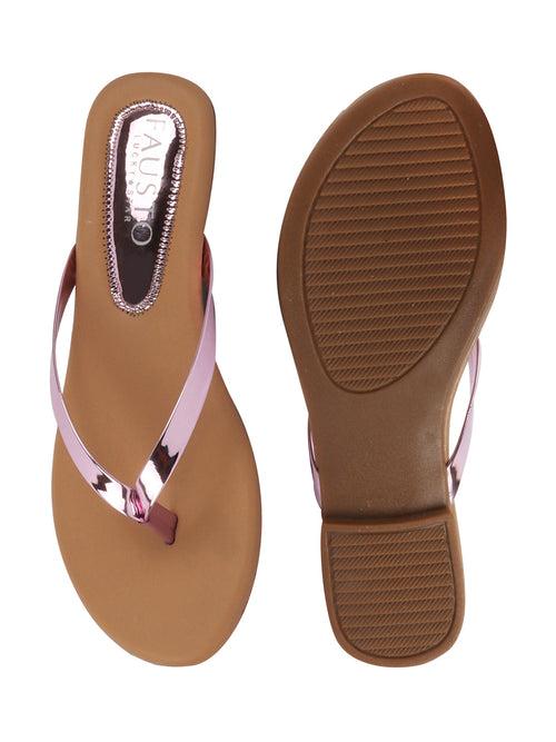 Women Pink Shiny Sleek T-Strap Slipper With Cushioned Footbed|Flat Slipper For Party|Office Wear|Weekend