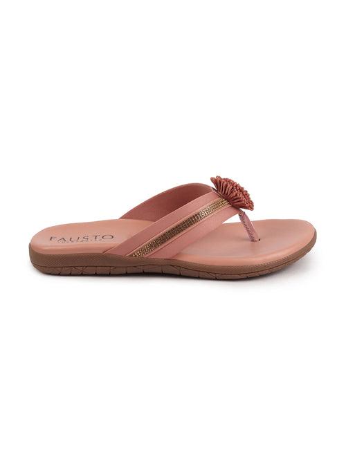 Women Pink Shiny Beads T-Strap Slipper With Cushioned Footbed|Party|Office Wear|Weekend