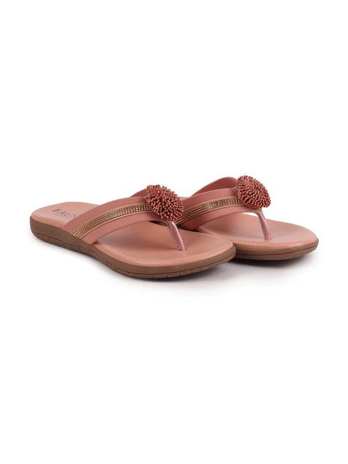 Women Pink Shiny Beads T-Strap Slipper With Cushioned Footbed|Party|Office Wear|Weekend