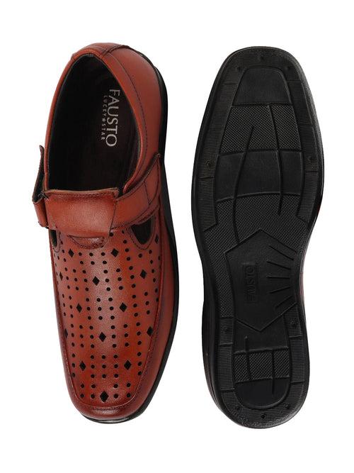 Men Tan Breathable Laser Cut Shoes Style Casual Slip On Sandal For All Day Comfort