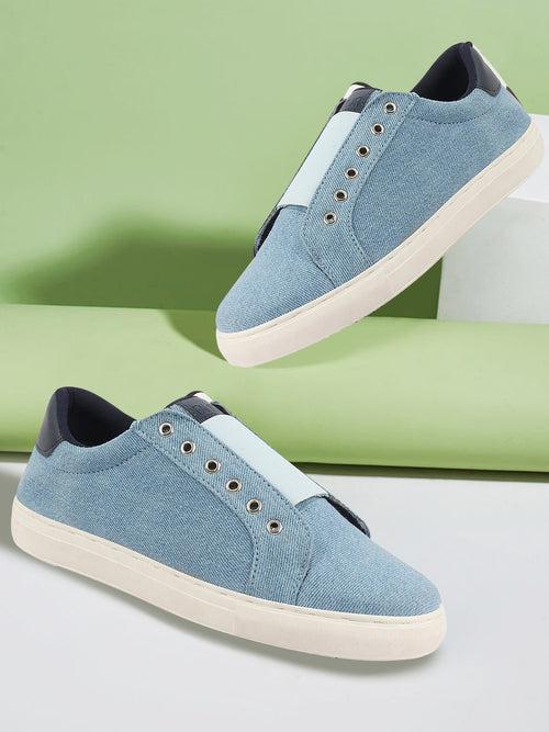 Men Sky Blue Elastic Closure Comfort Canvas Denim Slip On Sneaker Shoes