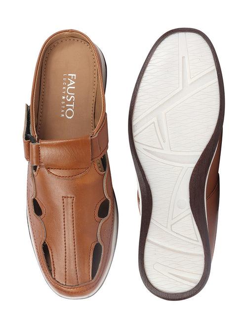 Men Tan Casual Back Open Perforated Day Long Comfort Slip On Sandals