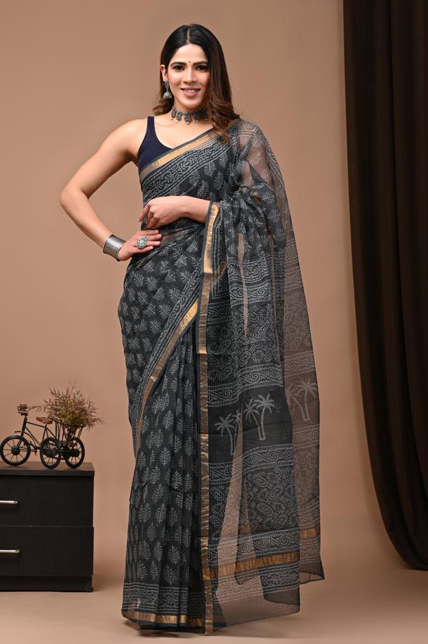 Jaipuri Block Printed Kota Doria Saree With Blouse