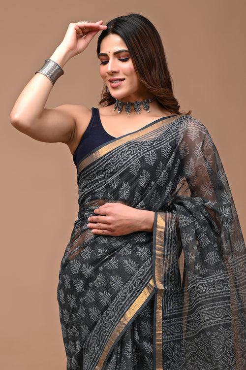 Jaipuri Block Printed Kota Doria Saree With Blouse