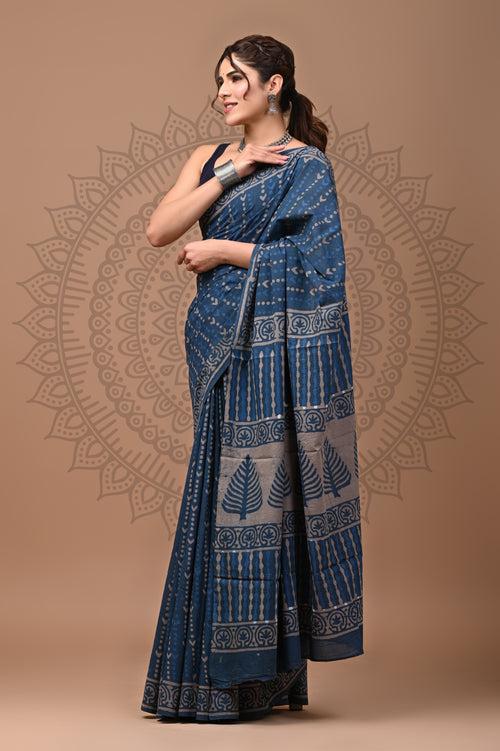 Indian Block Printed Cotton Saree With Blouse