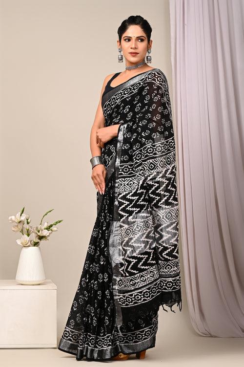 Hand Block Printed Linen Saree With Unstitched Blouse