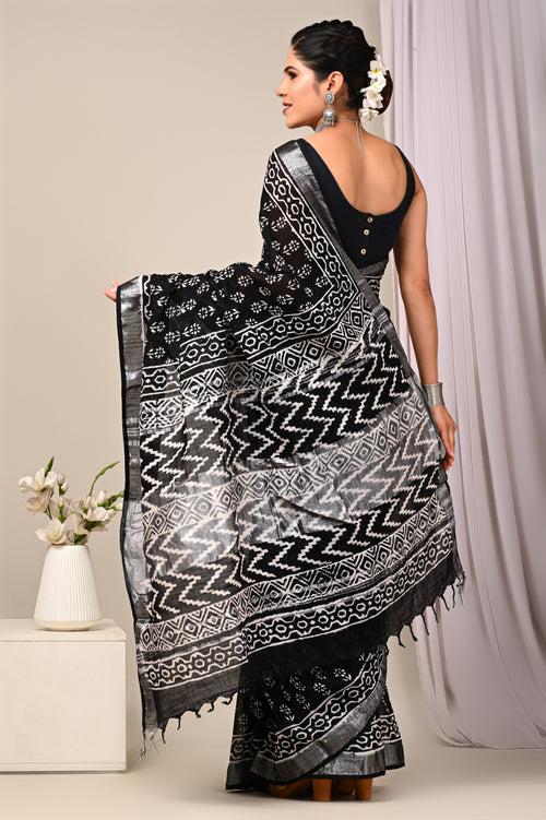 Hand Block Printed Linen Saree With Unstitched Blouse