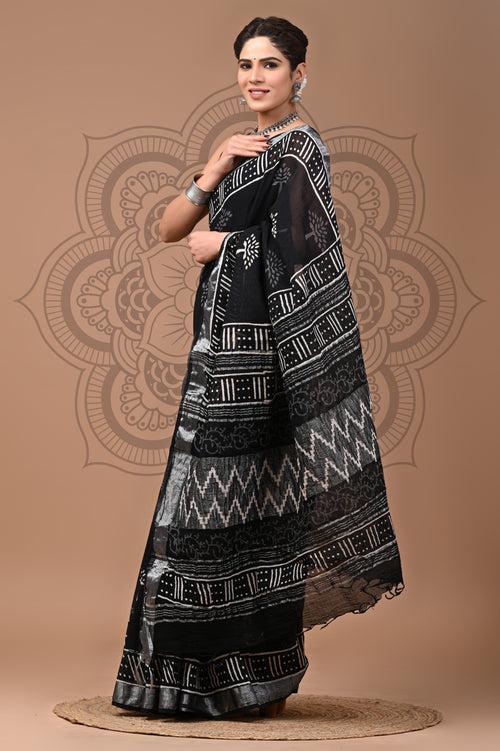 Black & White Block Printed Cotton Linen Saree With Unstitched Blouse