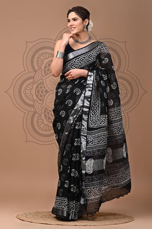 Black & White Block Printed Cotton Linen Saree With Unstitched Blouse