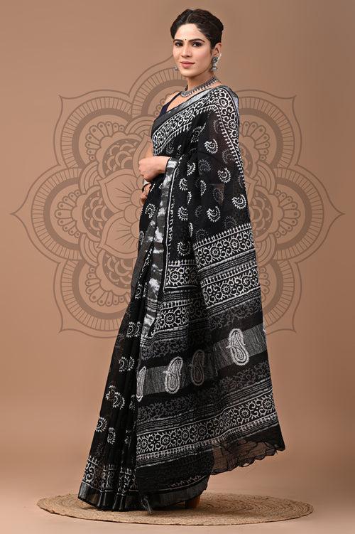 Black & White Block Printed Cotton Linen Saree With Unstitched Blouse