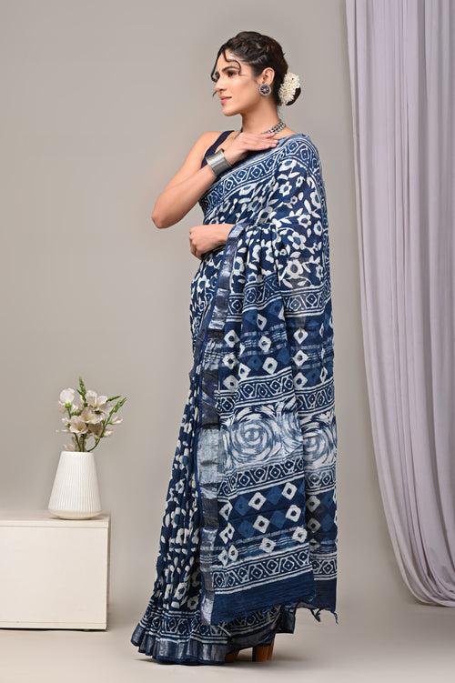 Hand Block Printed Linen Saree With Unstitched Blouse