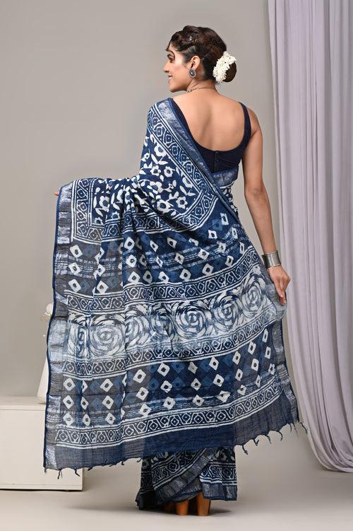 Hand Block Printed Linen Saree With Unstitched Blouse