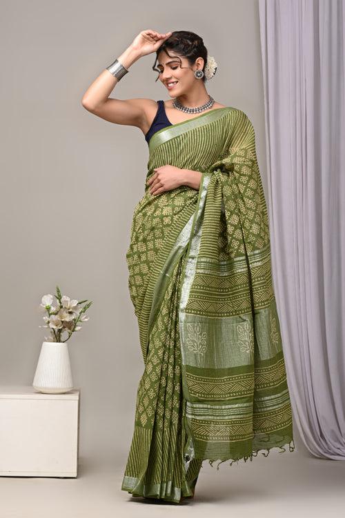 Hand Block Printed Linen Saree With Unstitched Blouse