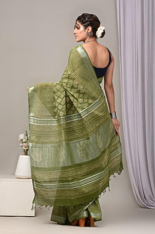 Hand Block Printed Linen Saree With Unstitched Blouse