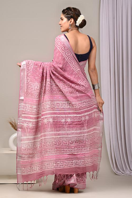 Hand Block Printed Linen Saree With Unstitched Blouse