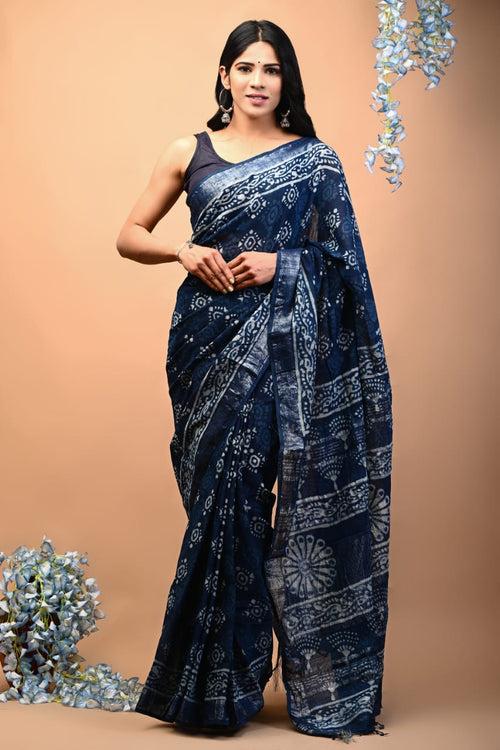 Hand Block Printed Linen Saree With Unstitched Blouse