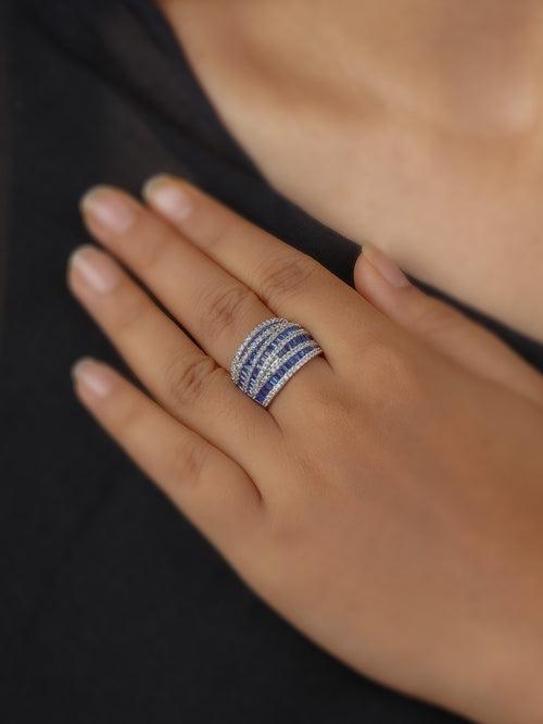 CZRNG79BL - Blue Color Silver Plated Faux Diamond Ring