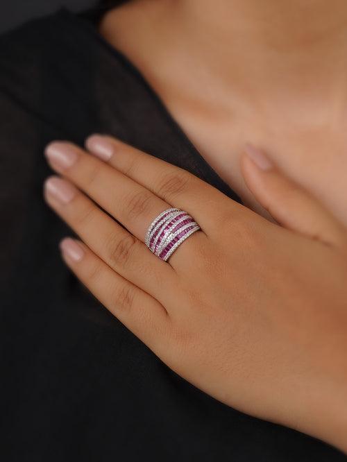 CZRNG79P - Pink Color Silver Plated Faux Diamond Ring