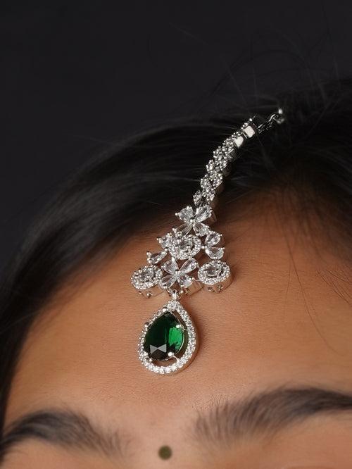 CZSET292GR - Green Color Silver Plated Faux Diamond Bridal Necklace Set