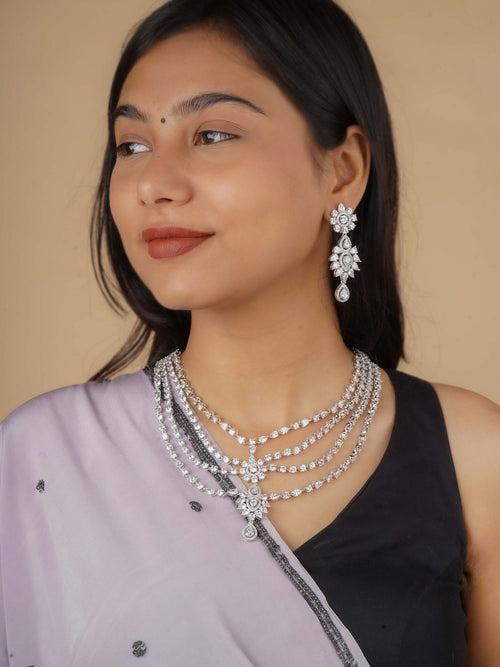 CZSET339 - White Color Silver Plated Faux Diamond Necklace Set