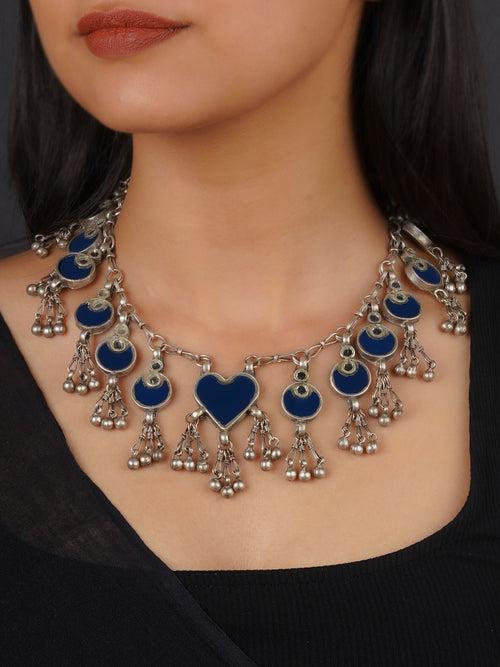 EK-SFNECK444 - Blue Color Silver Plated Tribal Necklace