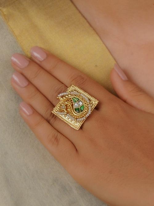 MR-RNG32WGR - Green Color Gold Plated Mishr Ring