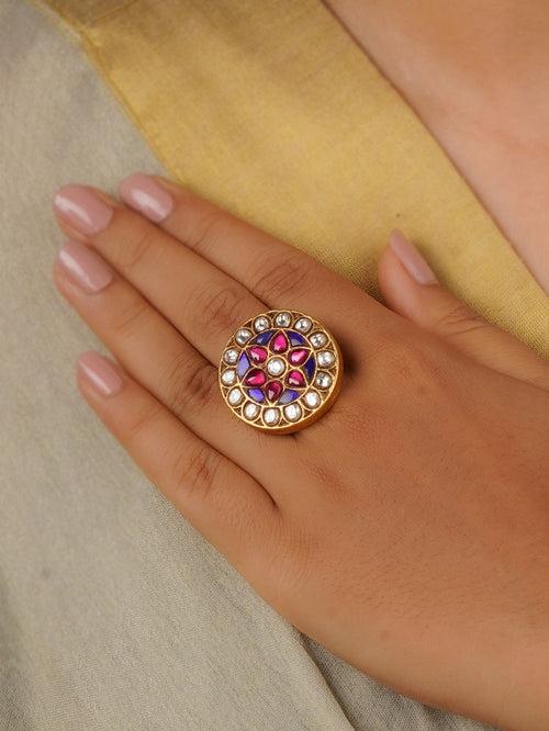 MRNG144M - Multicolor Gold Plated Jadau Kundan Ring