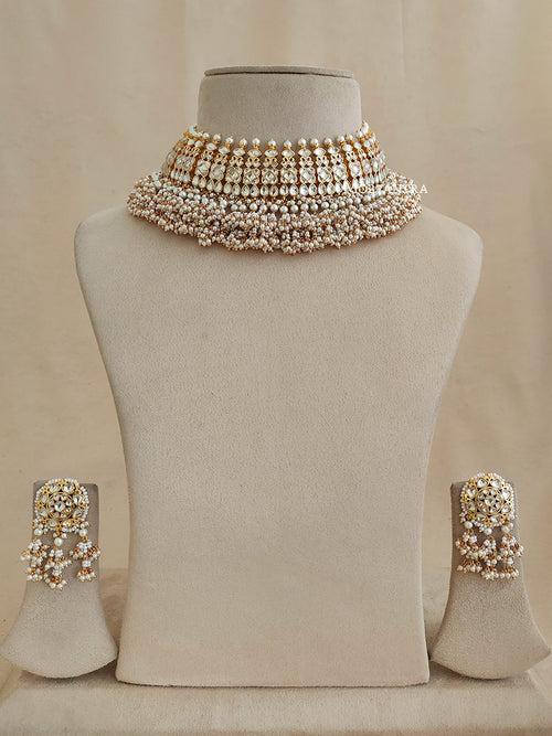 MS1880Y - White Color Gold Plated Jadau Kundan Necklace Set