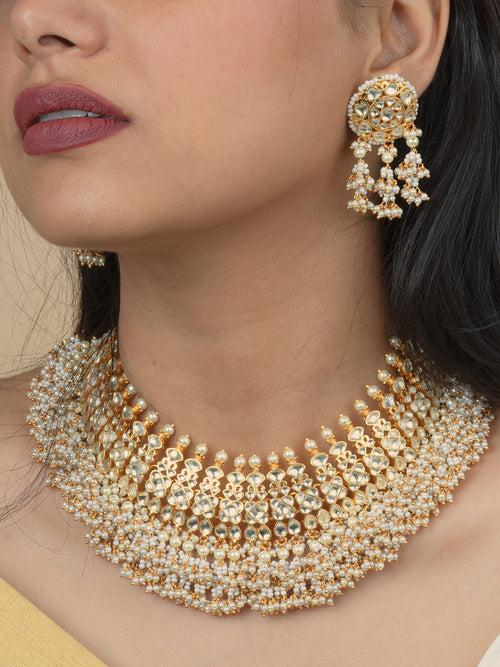 MS1880Y - White Color Gold Plated Jadau Kundan Necklace Set