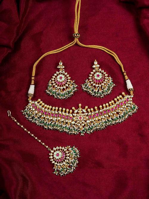 MS2037M - Multicolor Gold Plated Jadau Kundan Bridal Necklace Set