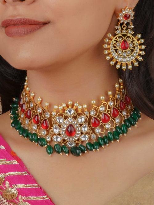 MS2096WR - Red Color Gold Plated Jadau Kundan Necklace Set