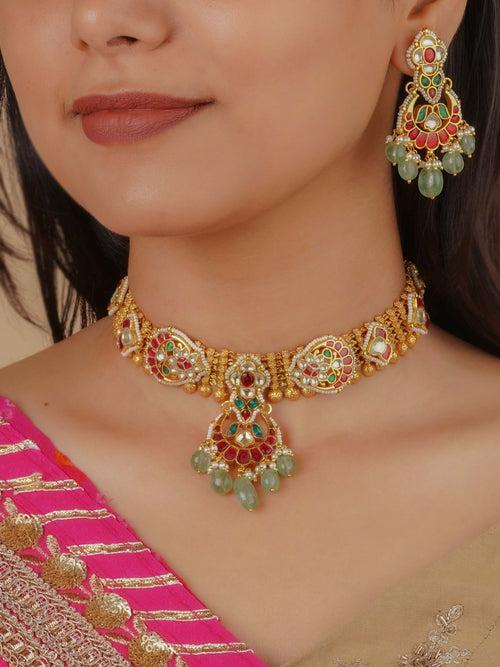 MS2128M - Multicolor Gold Plated Jadau Kundan Necklace Set