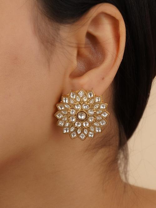 TJ-E106 - White Color Gold Plated Thappa Jadau Kundan Earrings