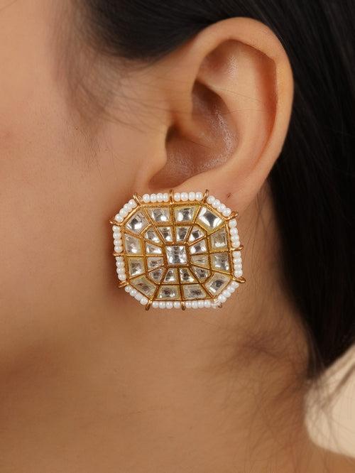 TJ-E116 - White Color Gold Plated Thappa Jadau Kundan Earrings