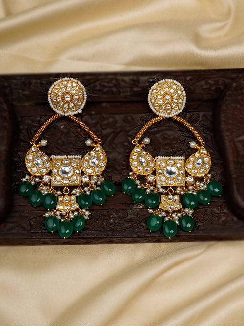 TJ-E94A - Green Color Gold Plated Thappa Jadau Kundan Earrings