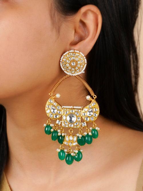 TJ-E94A - Green Color Gold Plated Thappa Jadau Kundan Earrings