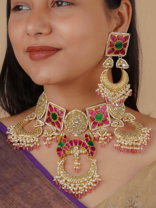 TJ-S114M - Multicolor Gold Plated Thappa Jadau Kundan Bridal Necklace Set