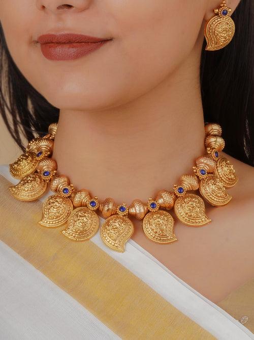 TMPSET211BL - Blue Color Gold Plated Temple Necklace Set