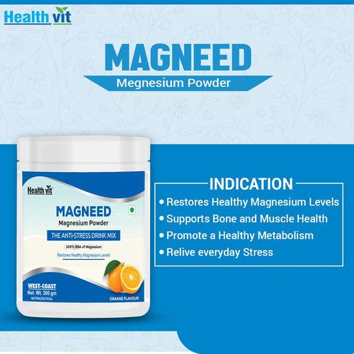 Healthvit Magneed Magnesium Powder the Anti-Stress Drink Mix 100% RDA of Magnesium – 300gm (Orange Flavour)