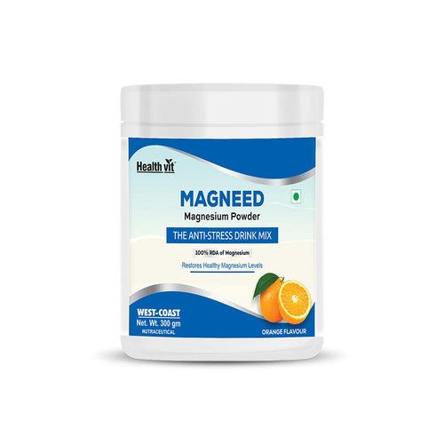 Healthvit Magneed Magnesium Powder the Anti-Stress Drink Mix 100% RDA of Magnesium – 300gm (Orange Flavour)