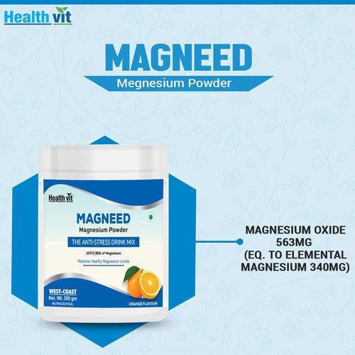 Healthvit Magneed Magnesium Powder the Anti-Stress Drink Mix 100% RDA of Magnesium – 300gm (Orange Flavour)