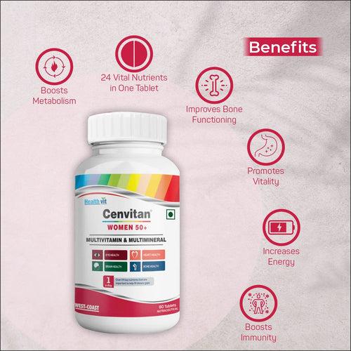 Healthvit Cenvitan Women 50+ Multivitamins and Multimineral 25 Nutrients (Vitamins and Minerals) |Eye Health, Brain Health, Bone Health and Heart Health – 60 Tablets