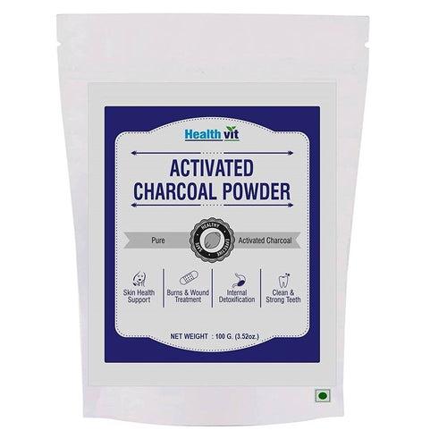 Healthvit Activated Charcoal Powder | 100% Natural for Skincare | Teeth Whitening | Blackheads remover | Oral hygiene products - 100gm