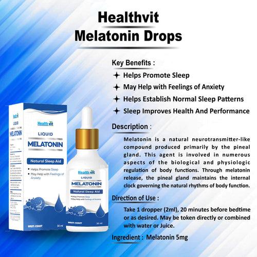 Healthvit Melatonin Liquid Drops For 100% Natural Sleep Aid| Regulate Sleep Cycle And May Improve Sleep Quality | Non-Addictive and No Side Effect Sleep Supplement - 30ml